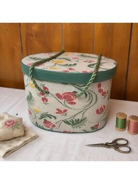 Vintage Floral Sewing Box Organizer Green Trim Fabric Covered 11 Inch
